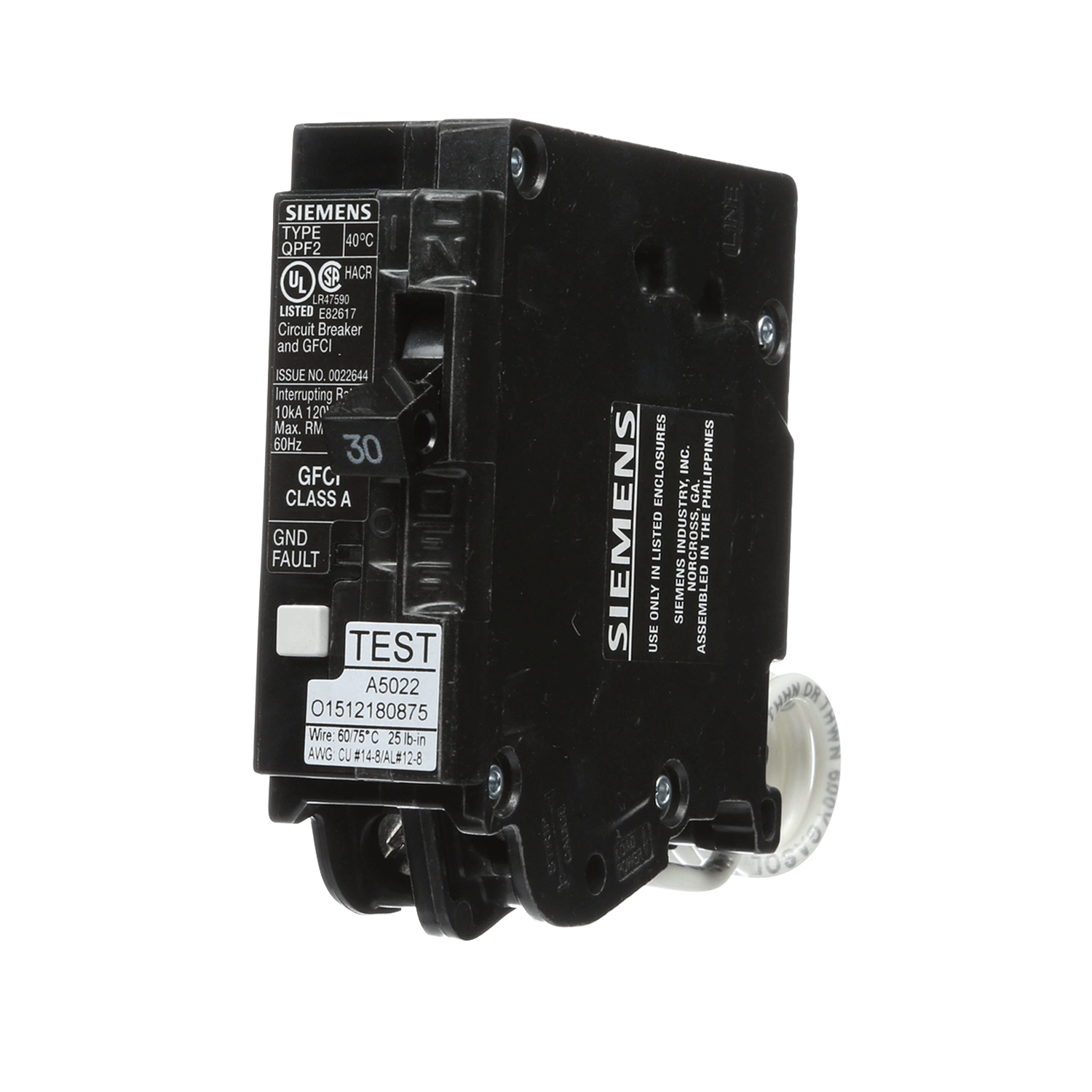 Imagen de PASTILLA INTERRUPTOR QPF2 1X30A 10K 120/240V GFCI 5MA FALLA A TIERRA