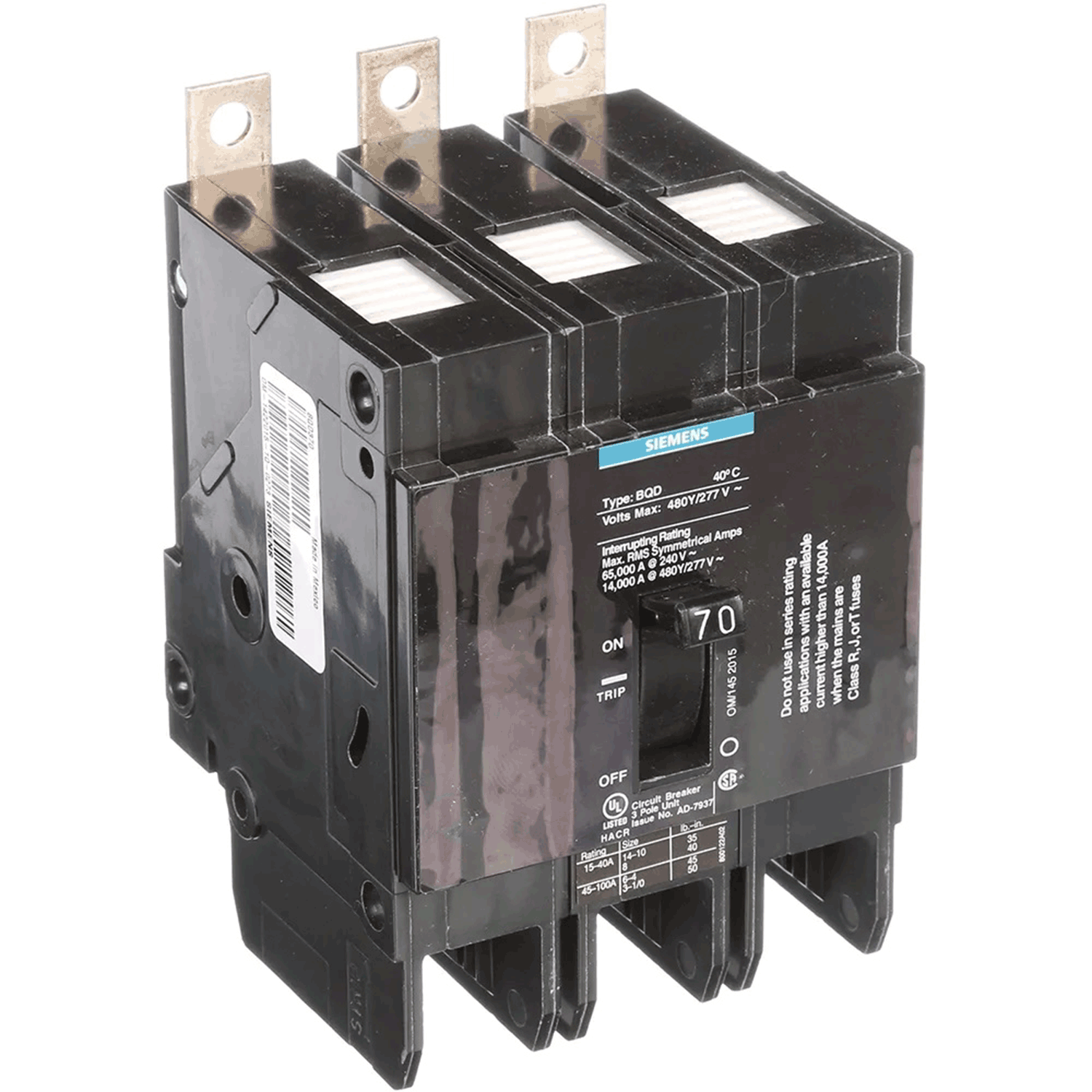 Imagen de PASTILLA INTERRUPTOR BQD 3X70A 65KA/240, 14KA/480, 10KA/600V