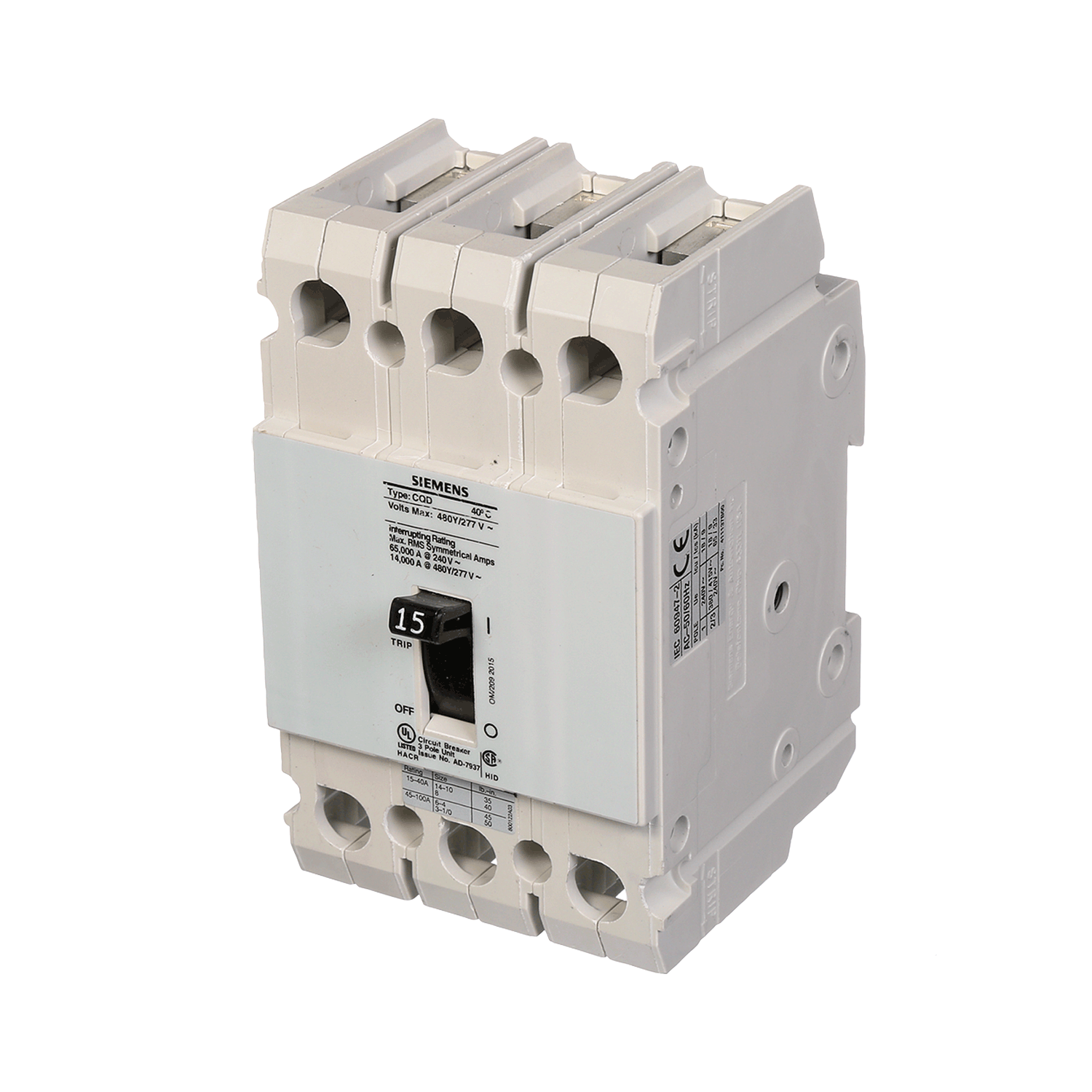 Imagen de INTERRUPTOR CQD 3X15A 65KA/240, 14KA/480, 10KA/600V PARA RIEL DIN