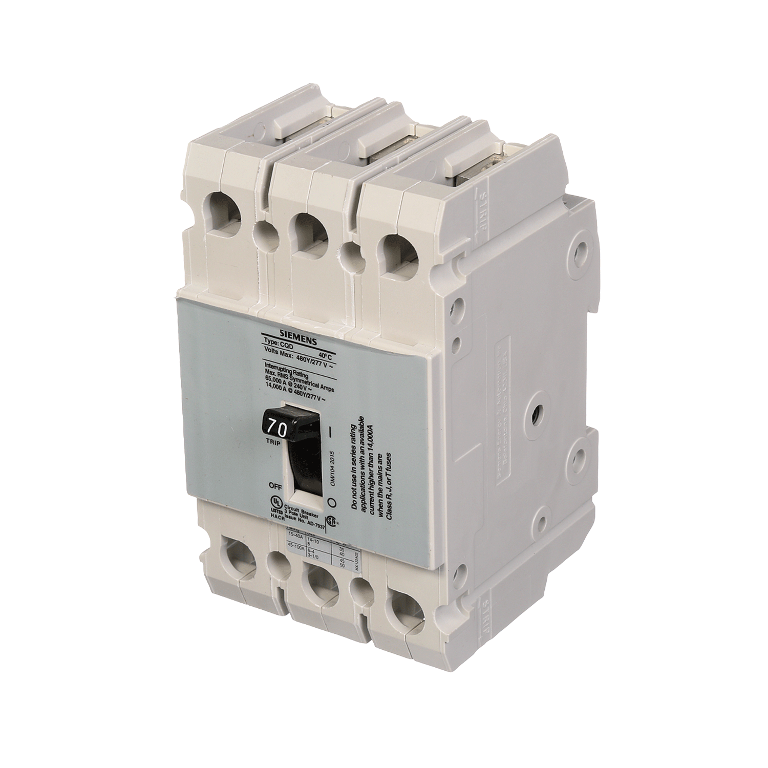 Imagen de INTERRUPTOR CQD 3X70A 65KA/240, 14KA/480, 10KA/600V PARA RIEL DIN